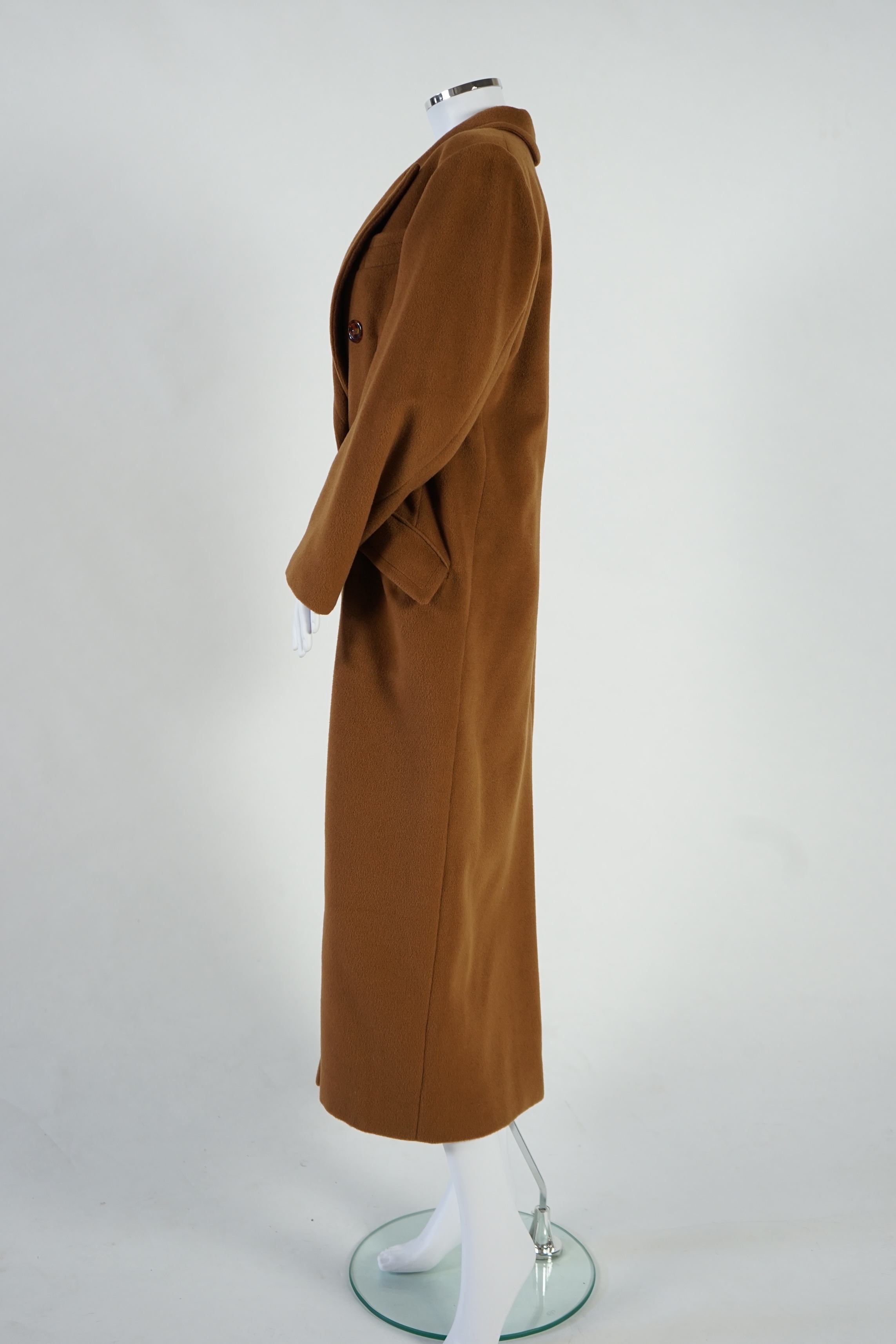 A vintage Yves Saint Laurent variation lady's dark tan double breasted wool long coat, F 40 (UK 12). Proceeds to Happy Paws Puppy Rescue